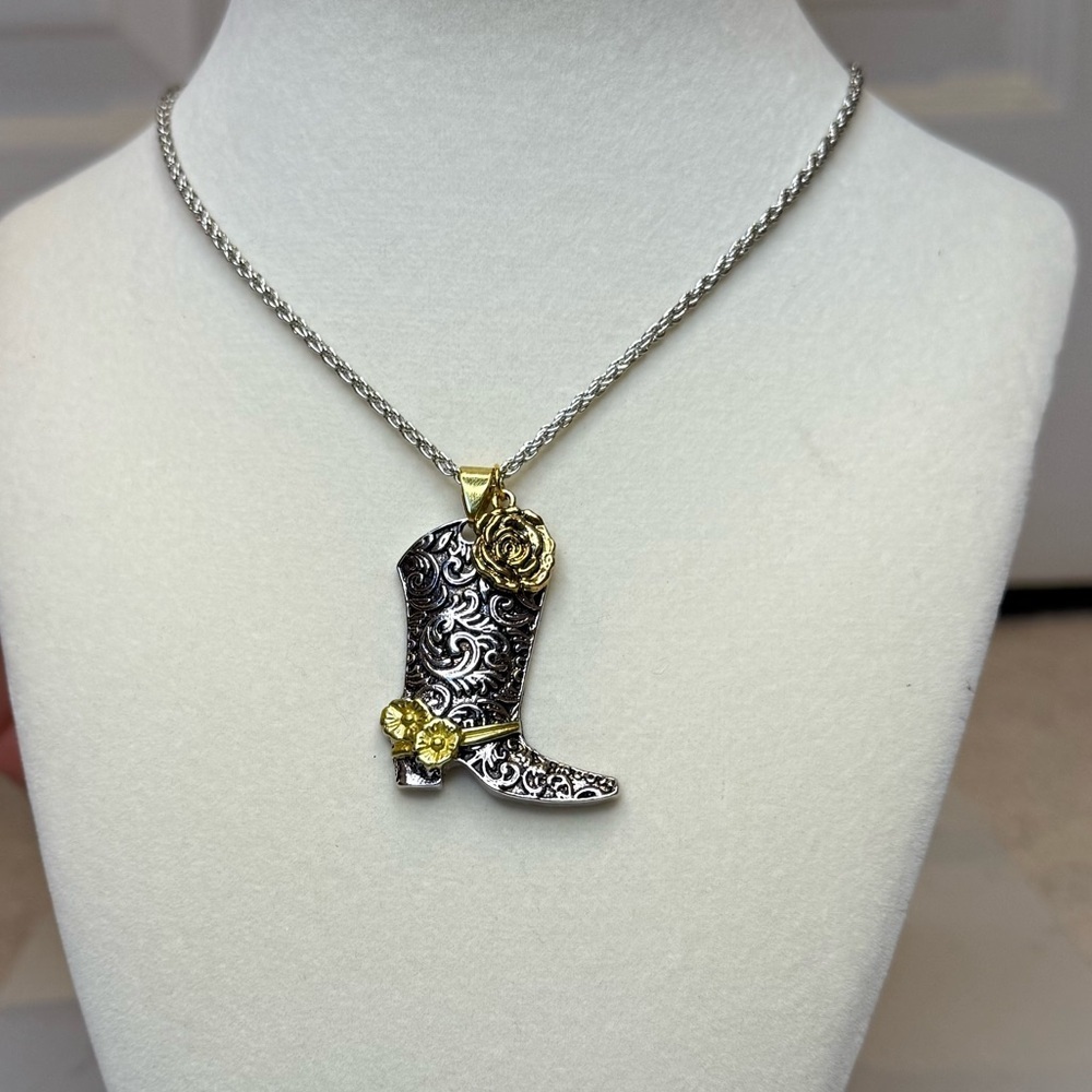 Silver/Gold Cowboy Boot Flower Charm Necklace